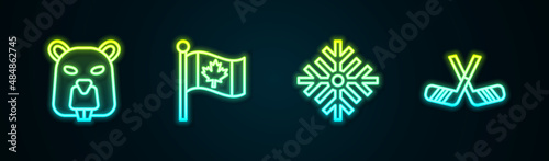 Set line Beaver animal, Flag of Canada, Snowflake and Ice hockey sticks. Glowing neon icon. Vector