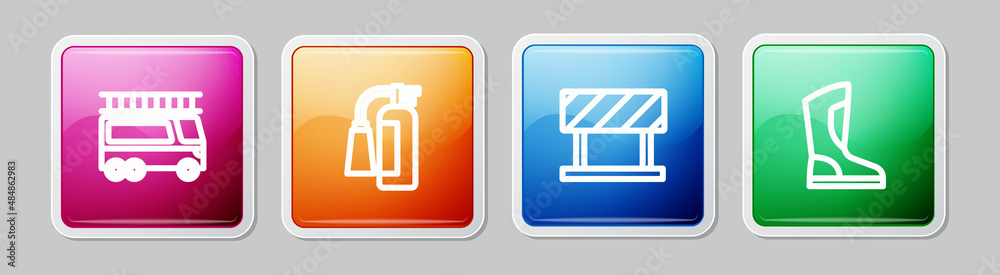 Set line Fire truck, extinguisher, Road barrier and boots. Colorful square button. Vector Set line Fire truck, extinguisher, Road barrier and boots. Colorful square button. Vector