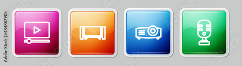 Set line Online play video, Smart Tv, Movie, film, media projector and Microphone. Colorful square button. Vector