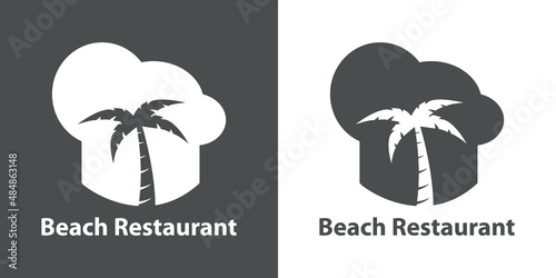 Banner con texto Beach Restaurant y silueta de gorro de cocinero con palmera en fondo gris y fondo blanco