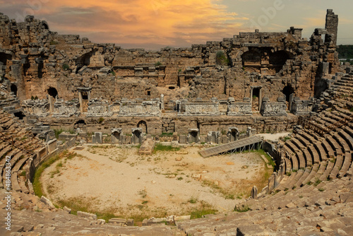 Perge Ancient City Amphitheatre. Perge, one of the Pamphylian cities and was believed to have been built in the 12th to 13th centuries BC. At sunset. photo