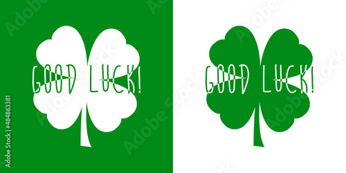 Banner con texto manuscrito Good Luck en silueta de trébol de 4 hojas en fondo verde y fondo blanco