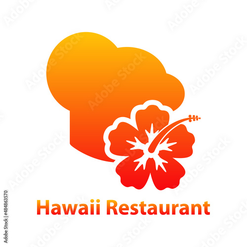 Banner con texto Hawaii Restaurant y silueta de gorro de cocinero con flor de hibisco en color naranja