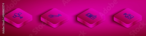 Set Isometric line Satellite, Wireless microphone, Digital door lock and Smart home with wi-fi icon. Vector