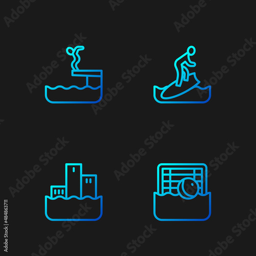 Set line Water polo, Winner podium, Swimmer diving into pool and Surfboard. Gradient color icons. Vector