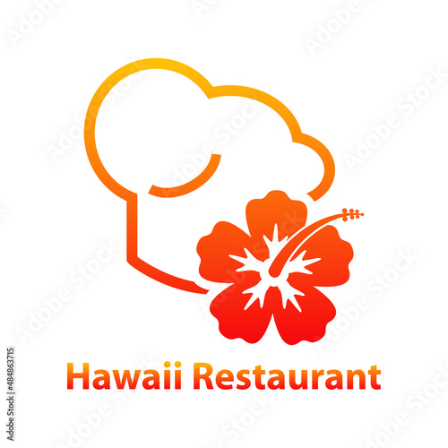Banner con texto Hawaii Restaurant y silueta de gorro de cocinero con flor de hibisco con líneas en color naranja