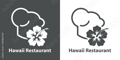 Banner con texto Hawaii Restaurant y silueta de gorro de cocinero con flor de hibisco con líneas en fondo gris y fondo blanco