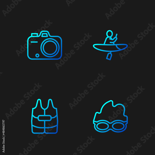 Set line Glasses for swimming, Life jacket, Photo camera and Kayak and paddle. Gradient color icons. Vector