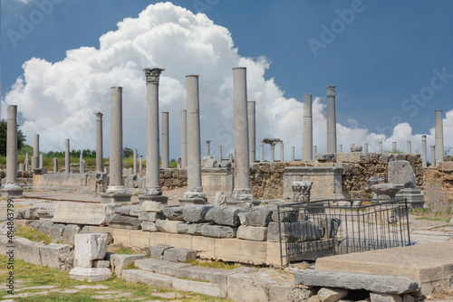 Ancient city of Perge near Antalya Turkey. Columned street and ruins.. Believed to have been built in the 12th to 13th centuries BC. Blue Sky.