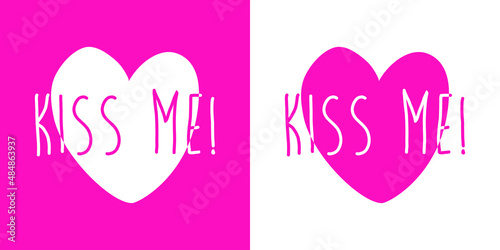 Banner con silueta de corazón con texto Kiss Me en caligrafía para su uso en invitaciones y tarjetas de felicitación