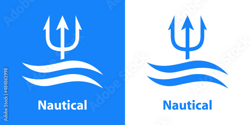 Logotipo con texto Nautical con tridente sobre olas con líneas en fondo azul y fondo blanco