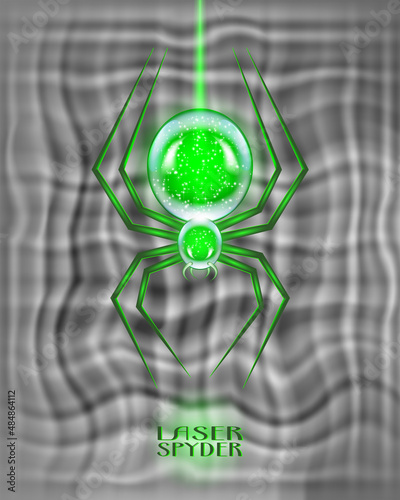 Glass translucent luminous green laser spider. Gray wavy background