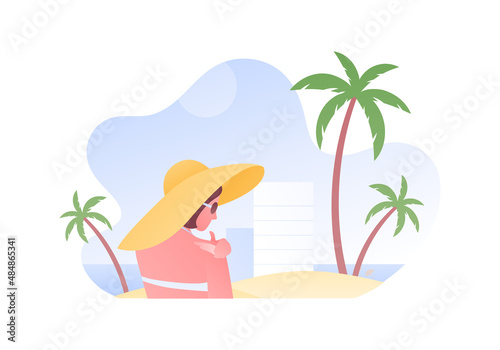 Tourism and holiday sea vacation concept. Vector flat people illustration. Woman character in hat applying sun protection cream on beach with palm background.