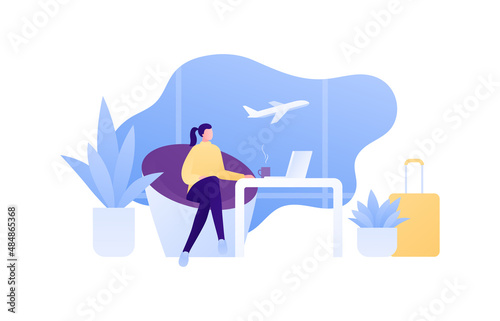 Business travel concept. Vector flat people illustration. Young adult woman with hot coffee, laptop sitting and writing in vip departure lounge on airport terminal window with air plane background.