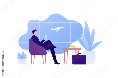 Business travel concept. Vector flat people illustration. Male businessman executive in suit sitting with wine glass and relax in vip departure lounge on airport window with air plane background. photo