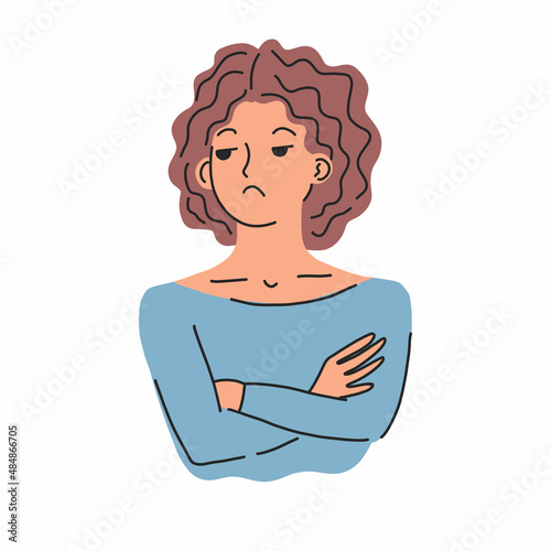 Irritated person. Frustrated female character. Sad offended woman sulking. Expressing angry emotion and unhappy face expression. Vector illustration isolated on white background