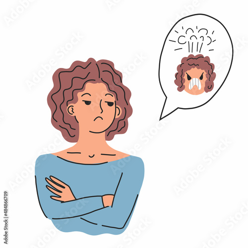 Irritated angry person. Sad offended woman sulking. Frustrated female character. Expressing angry emotion and unhappy face expression. Vector illustration isolated on white background