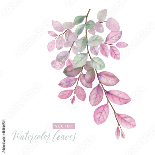 Digital watercolor painting branch with pink and green leaves.