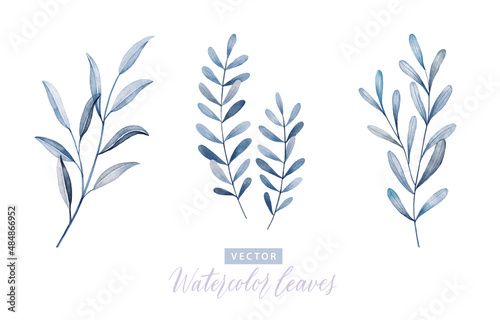 Set of digital watercolor painting branches with blue leaves 2.