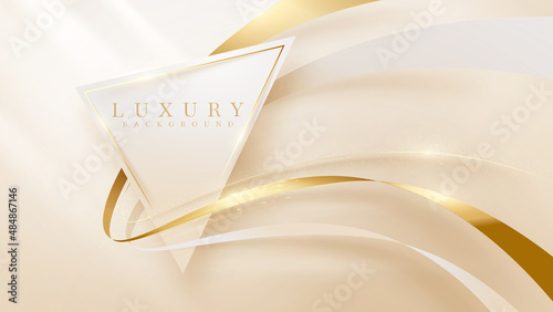 Triangle frame with golden ribbon elements and glitter light effect decoration. Elegant style background.