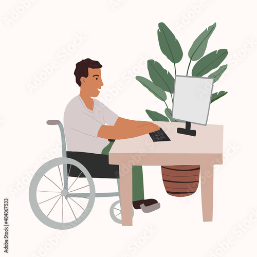 A disabled man in a wheelchair works in the office. The concept of inclusion and diversity in society. Vector illustration