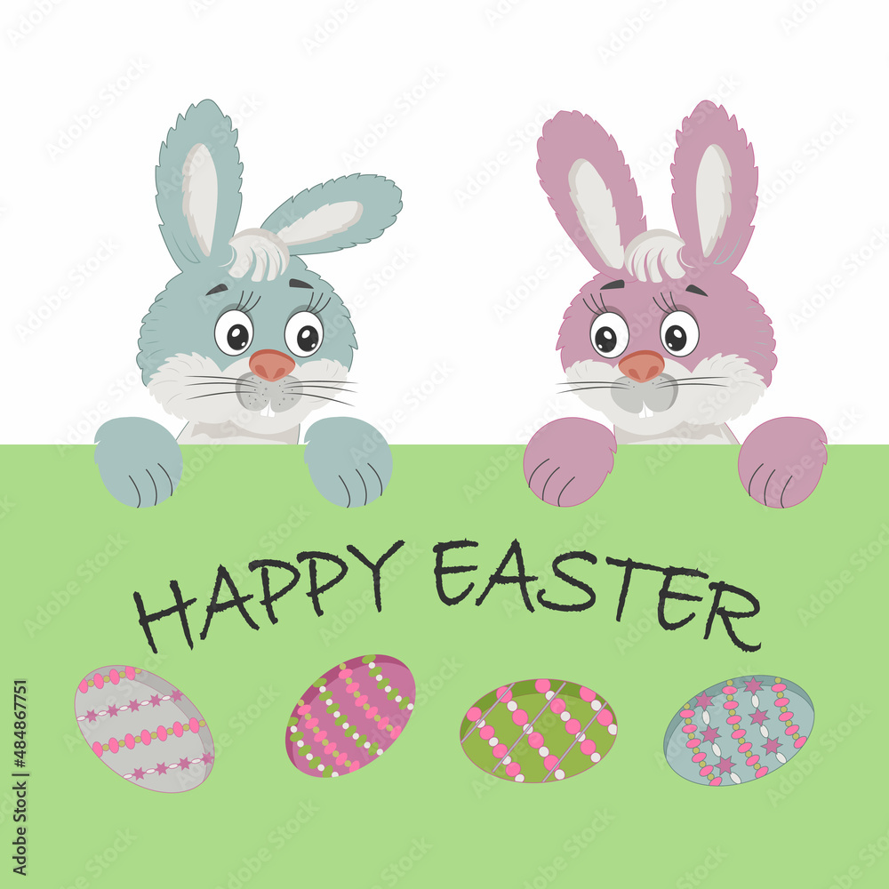 Poster with easter bunnies and
with Easter eggs. Vector illustration. Poster with easter bunnies and
with Easter eggs. Vector illustration.