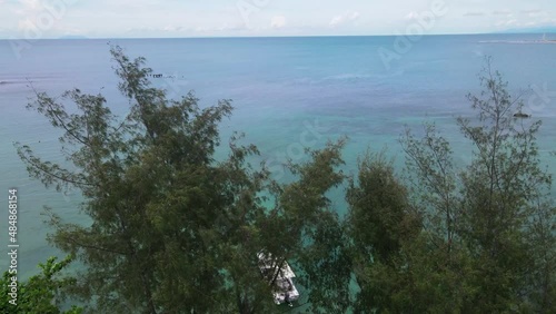 Turquoise ocean revealed behind trees on coast of Tanjung Lesung beach Indonesia, aerial view photo