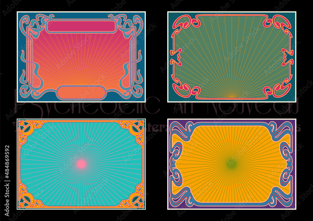 Psychedelic Art Nouveau Frame Set, 1900s Style Ornaments, 1960s Psychedelic Colors