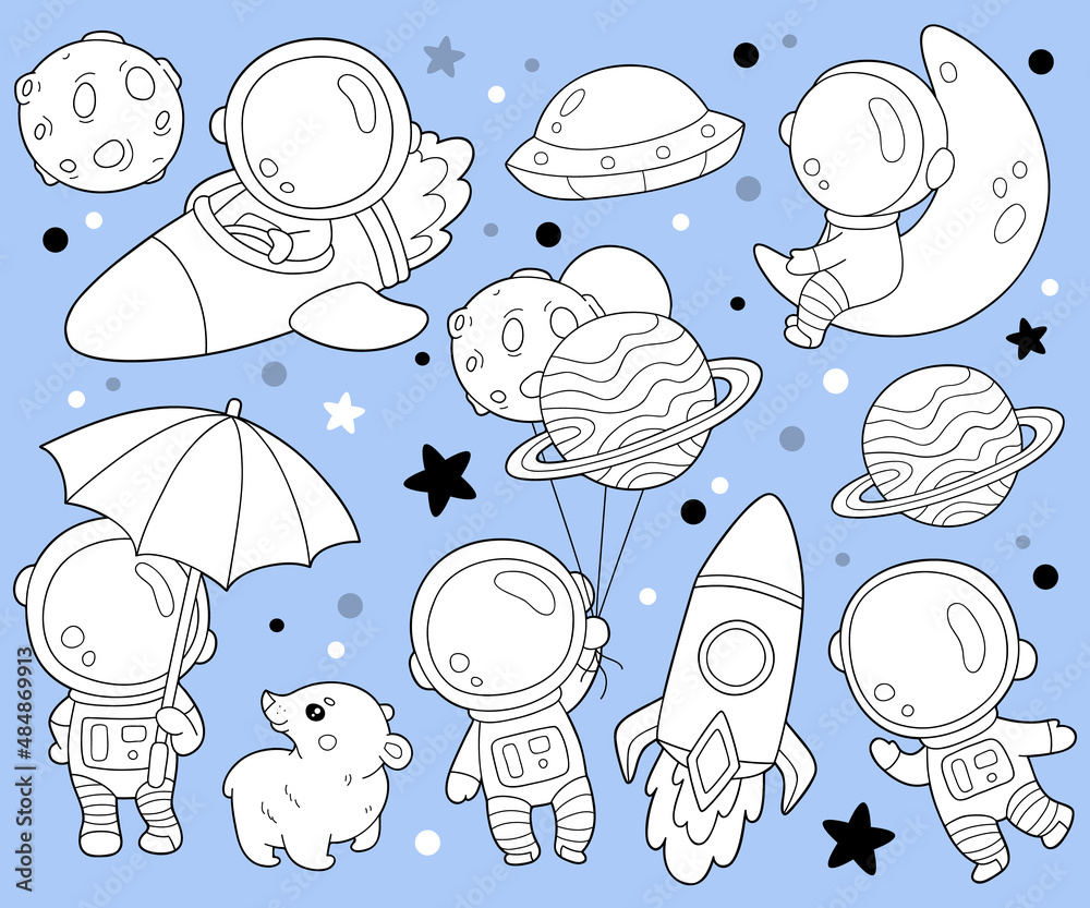Vector illustration coloring page with cartoon astronaut collection for