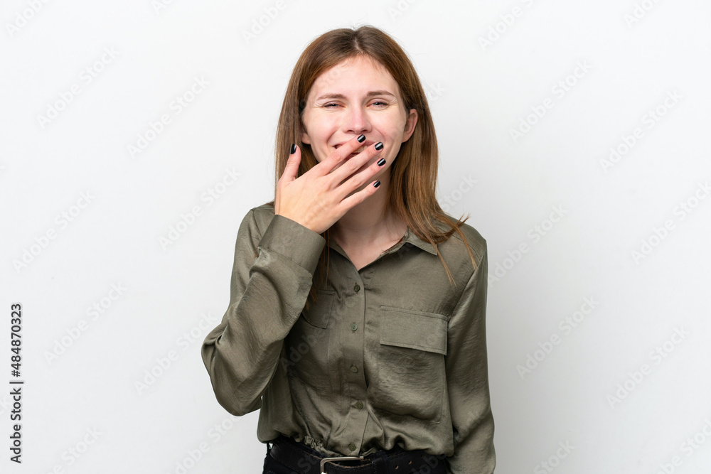 Young English woman isolated on white background happy and smiling covering mouth with hand Young English woman isolated on white background happy and smiling covering mouth with hand