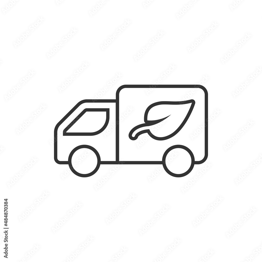 Eco truck icon in flat style. Ecology shipping vector illustration on white isolated background. Van and leaf sign business concept.
