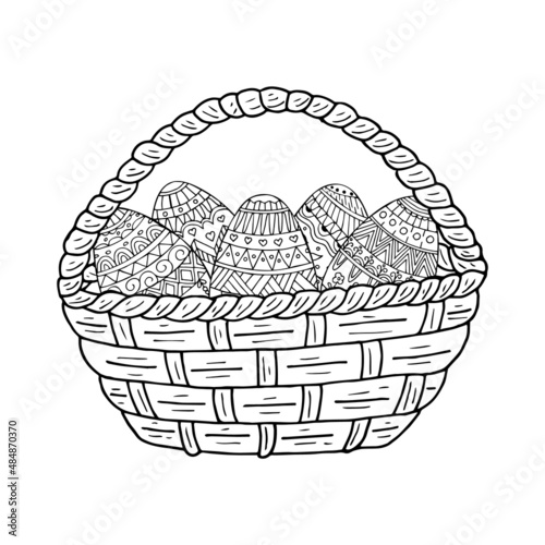 Hand drawn doodle wicker basket with easter eggs. Vector outline.
