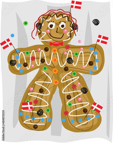 kagemand kagekone danish kids birthday cake. denmak pastry vector clipart with flag