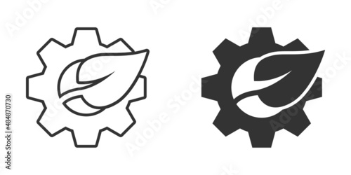 Leaf and gear icon in flat style. Cog with plant vector illustration on white isolated background. Eco machine sign business concept.