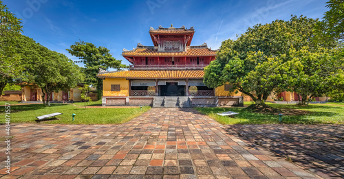 view of the Hien Lam Cac house in the Imperial City with the Purple Forbidden City within the Citadel in Hue, Vietnam. Imperial Royal Palace of Nguyen dynasty photo