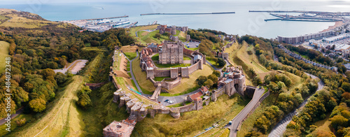 Aerial view of the Dover Castle. The most iconic of all English fortresses. English castle on top of the hill. photo