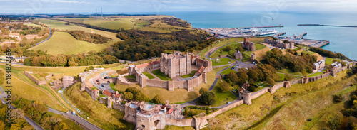 Aerial view of the Dover Castle. The most iconic of all English fortresses. English castle on top of the hill.