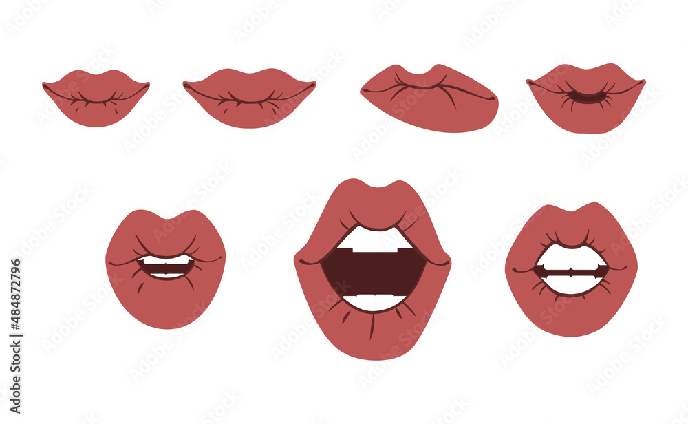 Set of illustrations open and closed lips of a woman with different expressions of emotions. Vector, flat design Set of illustrations open and closed lips of a woman with different expressions of emotions. Vector, flat design