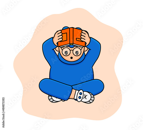 Boy is tired of reading and holds a book over his head. In Cartoon style, a tired character is resting from reading books