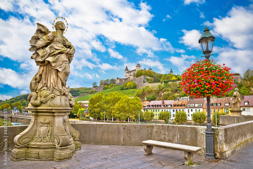 Fototapeta premium Wurzburg. Main river waterfront and scenic Wurzburg castle and vineyards view