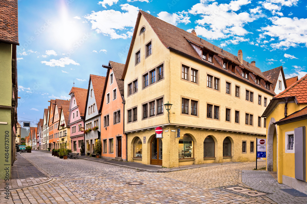 Rothenburg ob der Tauber. Cobbled colorful street and architecture of old town of Rothenburg ob der Tauber