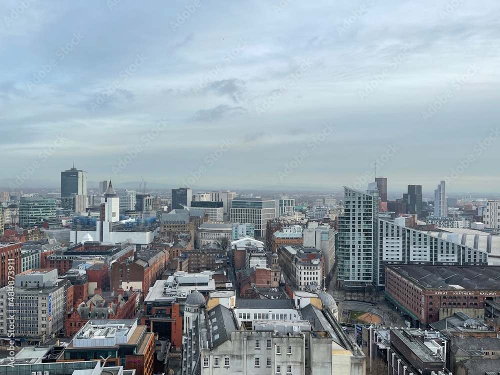 City view with modern buildings and landmarks. Taken in Manchester England. 