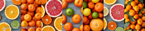 Collage with citrus fruits like lemons, oranges, grapefruits, lime and tangerines
