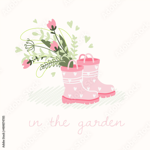 Cute spring card with a bouquet of flowers and rubber boots. Gardening concept. Hand draw illustration in cartoon style with lettering - in the garden. Vector