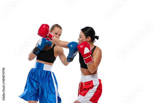 Dynamic portrait of two female professional boxers boxing isolated on white studio background. Couple of fit muscular caucasian athletes fighting. Sport, competition © master1305