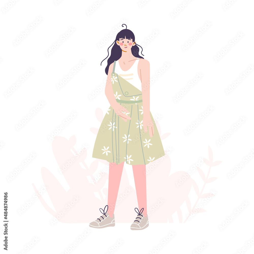 Smiling girl in a sundress and a straw hat. Young girl gardener. Summer spring outfit. Hand draw illustration in cartoon style. Vector