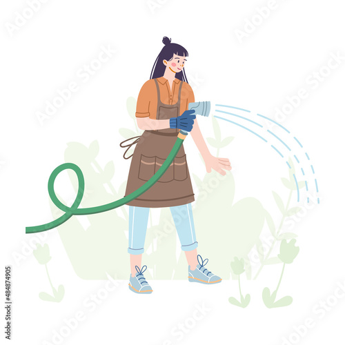 The girl waters the plants with a hose. A young woman works in a vegetable garden or a farm. Hand draw illustration in cartoon style. Gardening concept. Vector