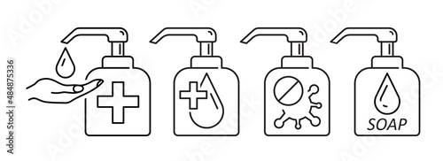 Gel to cleaning and disinfection virus, disinfectant solution. Set icons in flat style.