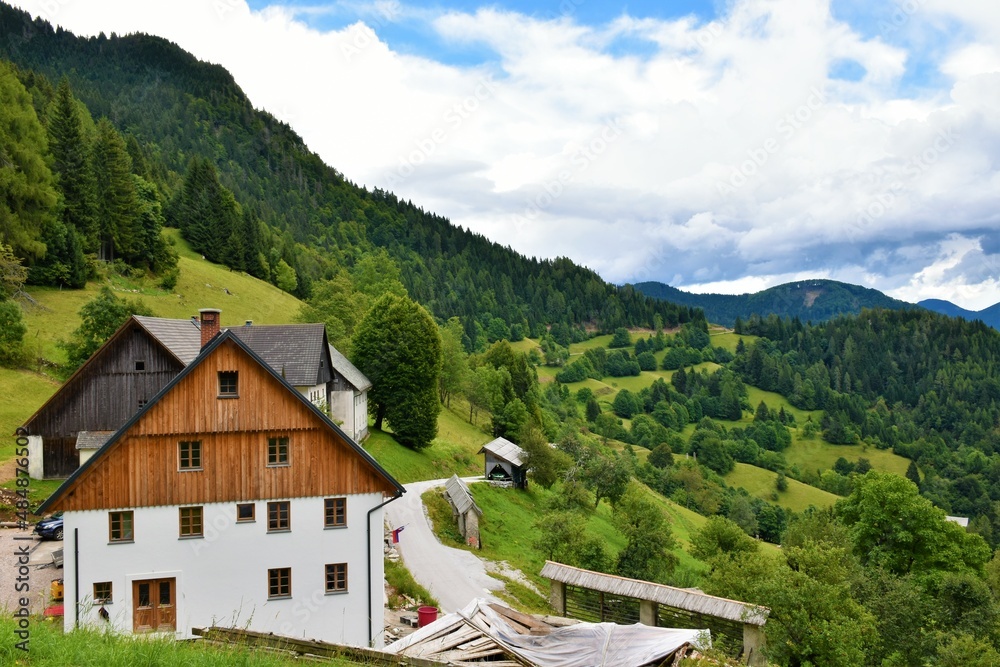 Large house in the village of Zgornje Danje in Gorenjska, Slovenia under Ratitovec with forests and pastures covering the hills