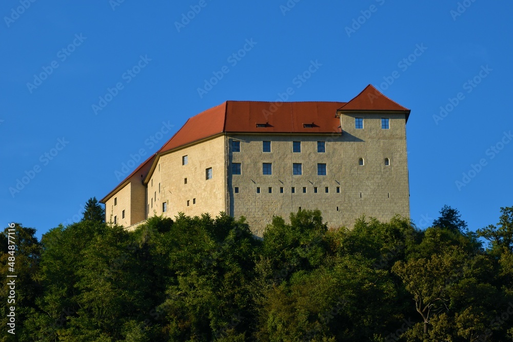 View of Rajhenburg castle on a hill above Sava river near Krško in Dolenjska, Slovenia